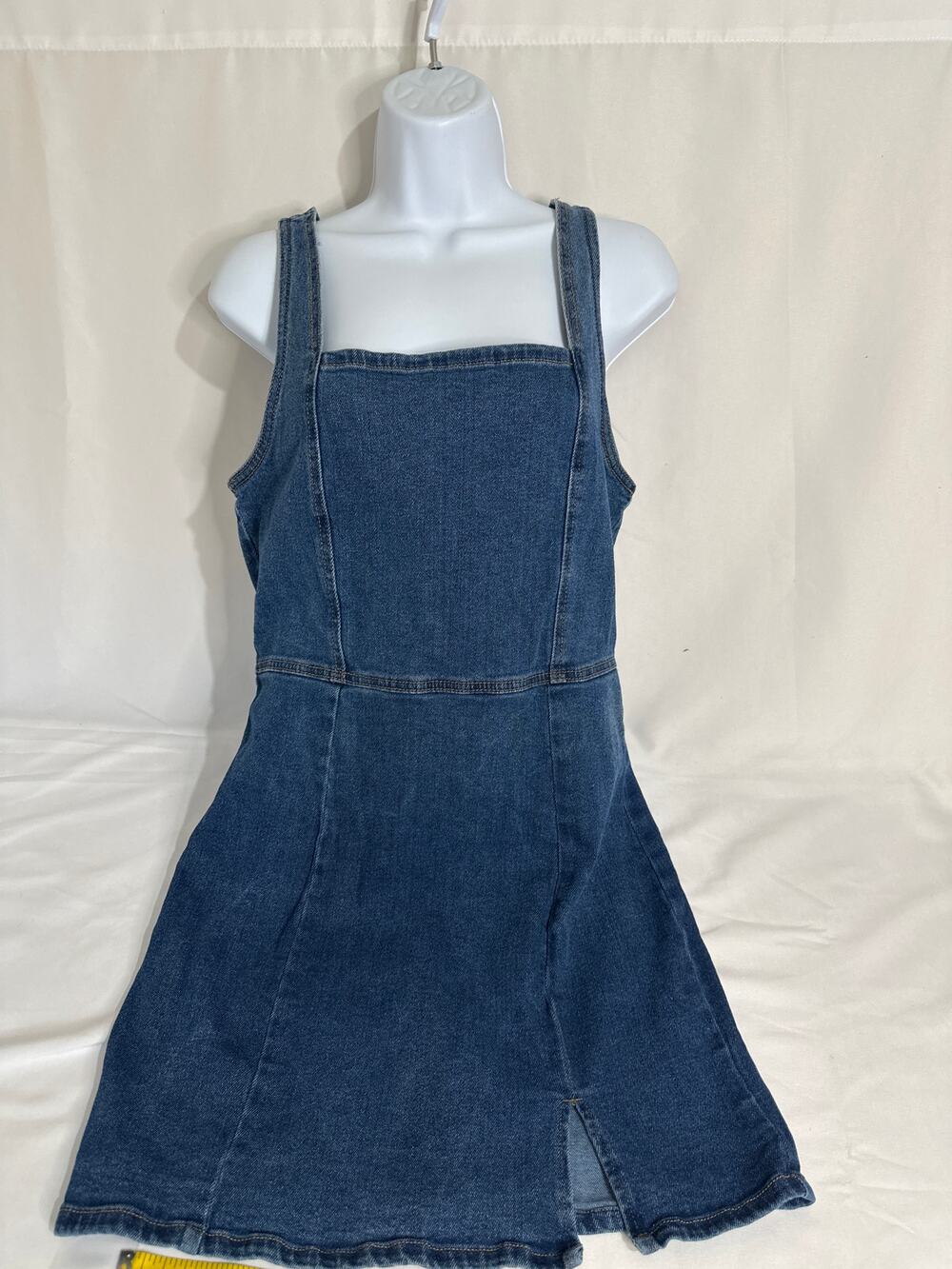 Jean mini dress love fire blue denim mini dress square neck Sz Junior XL